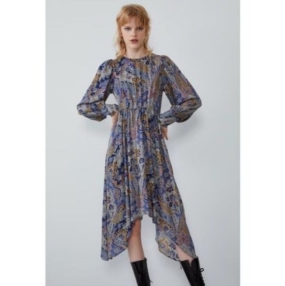 Zara Dresses & Skirts - Zara Digital Floral Paisley Balloon Sleeve Midi Dress Blue Gold size Medium